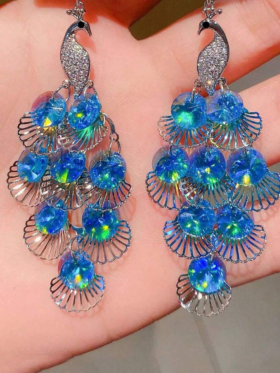 1 对孔雀仿水晶耳环，简约色彩动物耳坠，轻盈奢华小众百搭 - 藍色 - 查看 1