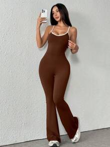 1pc Sleeveless Solid Color Thin Camisole Contrast Color Tight Jumpsuit Wide Leg Flare Casual Sexy Backless Romper Shapewear Bodysuit - Brown - View 5