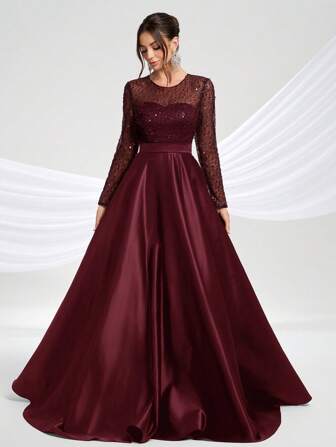 YISIKADO Elegant Women Evening Dress Formal Prom Party Long Dress Semi Sheer Long Sleeve Ball Gown For Wedding Guest Graduation Anniversary Birthday Banquet Dinner