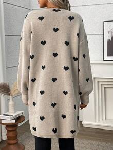 Plus Size Casual Heart Pattern Contrast Color Knit Cardigan Sweater - Khaki - View 2