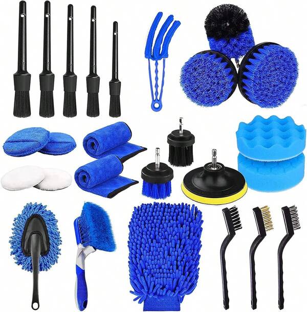 FELIN Kit Limpieza Auto 26 Piezas Profesional, Cepillo Taladro, Esponjas Coche, Fieltro Pulido, Toallas Microfibra, Plumero, Cepillos Detallado, Para Lavado Interior y Exterior Vehículos
