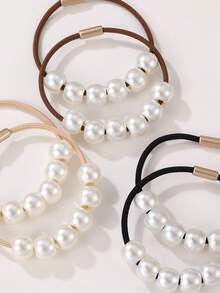 3 件/6 件女士优雅纯色金色仿珍珠发圈，适合日常休闲和假日服装搭配，马尾辫夹，发圈，发绳 - 金色 - 查看 9