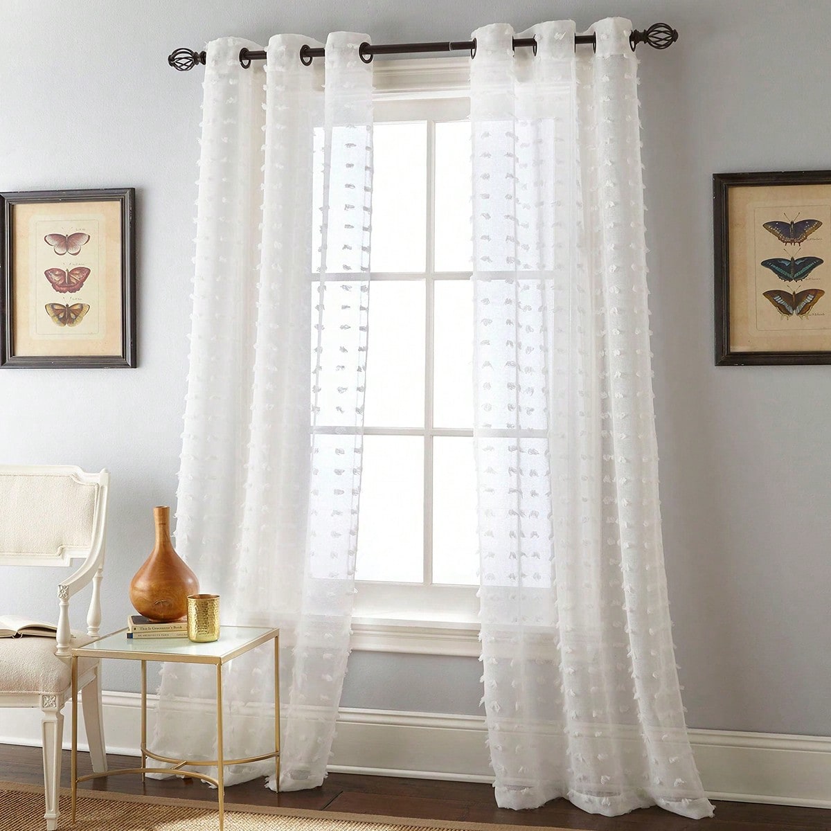 Pieza/2 piezas Cortinas transparentes de estilo bohemio con parte superior de macramé blanco, de 84 pulgadas de largo, con diseño de pompones 3D y l