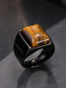 黑色粗戒指男士虎眼石戒指不锈钢铸造深色哥特式戒指朋克天然石首饰摇滚戒指日常佩戴男友礼物开业季礼物 - 虎眼石戒指 - 查看 2