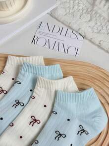 4双可爱百搭蝴蝶结设计女士踝袜，甜美欧美风格，适合日常穿着 - 彩色 - 查看 6