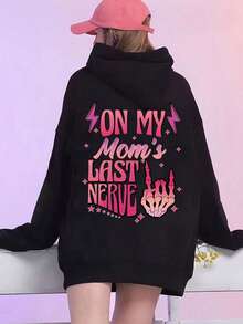 青少年女孩休闲字母印花卫衣，纯色长袖宽松套头衫，适合上学、度假、购物、聚会和万圣节等场合，春秋季穿着。 - 黑色 - 查看 8