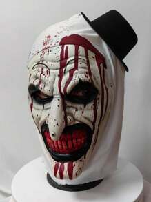 [Maschera da Pagliaccio di Ognissanti] Maschera da pagliaccio in lattice sintetico con cappello, 1 pezzo. Accessorio per costume da horror con testa intera per eventi di case infestate, rappresentazioni teatrali e feste a tema horror. Design sinistro da pagliaccio con dettagli di schizzi di sangue, cappuccio in tessuto bianco con bordi neri