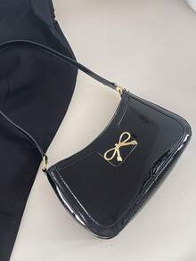 女士时尚优雅新月形腋下单肩包，休闲风格，亮漆黑色纯色腋下钱包，通勤百搭，蝴蝶金属装饰 - 黑色 - 查看 8