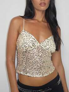 Women's Summer Sequin Tops Spaghetti Strap Sleeveless Backless Fashion Vest Clubwear For Party Holiday - Vàng - Xem 1