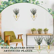 2 Pieces Wall Decor Hanging Planters With Artificial Plants Metal Hanging Vase Indoor Plants Holder Geometric Wall Art For Home Bedroom Living Room Office(Eucalyptus,Medium) Halloween Christmas New Year - 薑色 - 查看 4