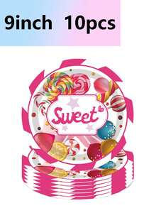 Set de 10 piezas de platos de papel con temática de pastel de caramelo, galletas para fiesta de cumpleaños, platos, vasos y servilletas de papel desechables, suministros para fiesta de cumpleaños, campamento, merienda, banquete, boda, con diseño de limón y paleta