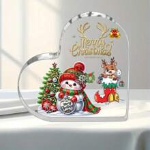 زينة عيد الميلاد المسطحة بتصميم شكل قلب وتمثال ثلجي وغزال مع شعار "عيد ميلاد سعيد" من الاكريليك الشفاف، ديكور مكتبي أو منزلي أو حفلات أعياد الميلاد، زينة عيد الميلاد المتكاملة، لوحات اكريليك شفافة