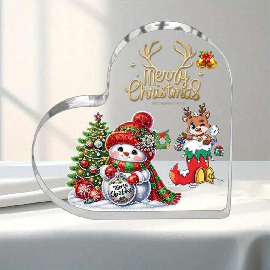 زينة عيد الميلاد المسطحة بتصميم شكل قلب وتمثال ثلجي وغزال مع شعار "عيد ميلاد سعيد" من الاكريليك الشفاف، ديكور مكتبي أو منزلي أو حفلات أعياد الميلاد، زينة عيد الميلاد المتكاملة، لوحات اكريليك شفافة