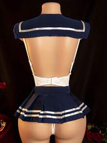 Sexy Underwear Hollow Crotch Cosplay Three-Piece Set: Sailor Collar + Crotch Jumpsuit + Pleated Skirt, Women's Underwear And Sexy Underwear Set - Blue - View 3