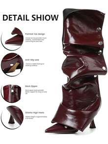 Sexy Design Stiletto High Heel Women Ruched Slouchy Boots Knee High Pointed Toe Mid Calf Luxury Fashion Detachable Shoes - Màu Đỏ Sâu - Xem 6