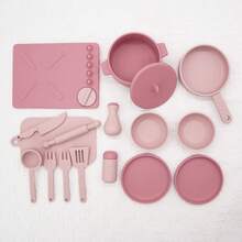 16 件儿童硅胶厨房玩具套装，扮演烹饪玩具套装，迷你餐厅厨房锅碗瓢盆互动玩具