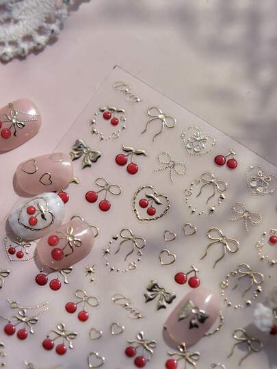 Beautizon Nailartlab 1pc 5D Metal Nail Sticker, Delicate Bow & Strawberry Nail Art Sticker, Self-Adhesive, Suitable For DIY Nail Art Accessories
