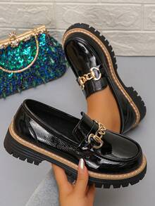 女士厚底玛丽珍鞋，纯色波西米亚风优雅复古金属链条时尚百搭套脚女鞋，适合办公室穿着，女士乐福鞋 - 黑色 - 查看 7
