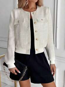 Women's Elegant All-Season Fall Jacket, Solid Color Front Metal Button Pocket Faux Pocket Ribbed Tweed Round Neck Coat - Beige - View 5