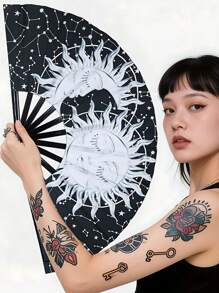 13 Inch Fluorescent Folding Fan - Glow-In-The-Dark Gothic Sun & Moon Constellation Design, Vibrant Rainbow & Leopard Print Fan,Large Black PP Material For Halloween, Raves, Clubs, Concerts, Themed Parties, Cosplay, Costume Props, Gifts, And Dance Events, Halloween Decorations, Without Battery