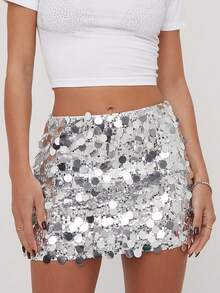 Mini Sequin Skirt For Women Sexy Stretchy Pencil Bodycon Night Out Party Club Sparkly Skirts - 銀色 - 查看 4