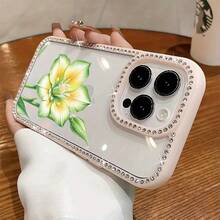 Funda para teléfono con diseño de flor verde amarillenta, elegante, doble cara, brillante | Funda brillante 11/12/13/14/15/16 - Rosa - Ver 3