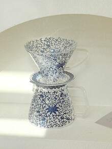 1 件经典复古手冲咖啡壶，带蓝白花滤杯的玻璃咖啡壶，滴滤咖啡壶，咖啡冲泡设备 - 藍色 - 查看 4