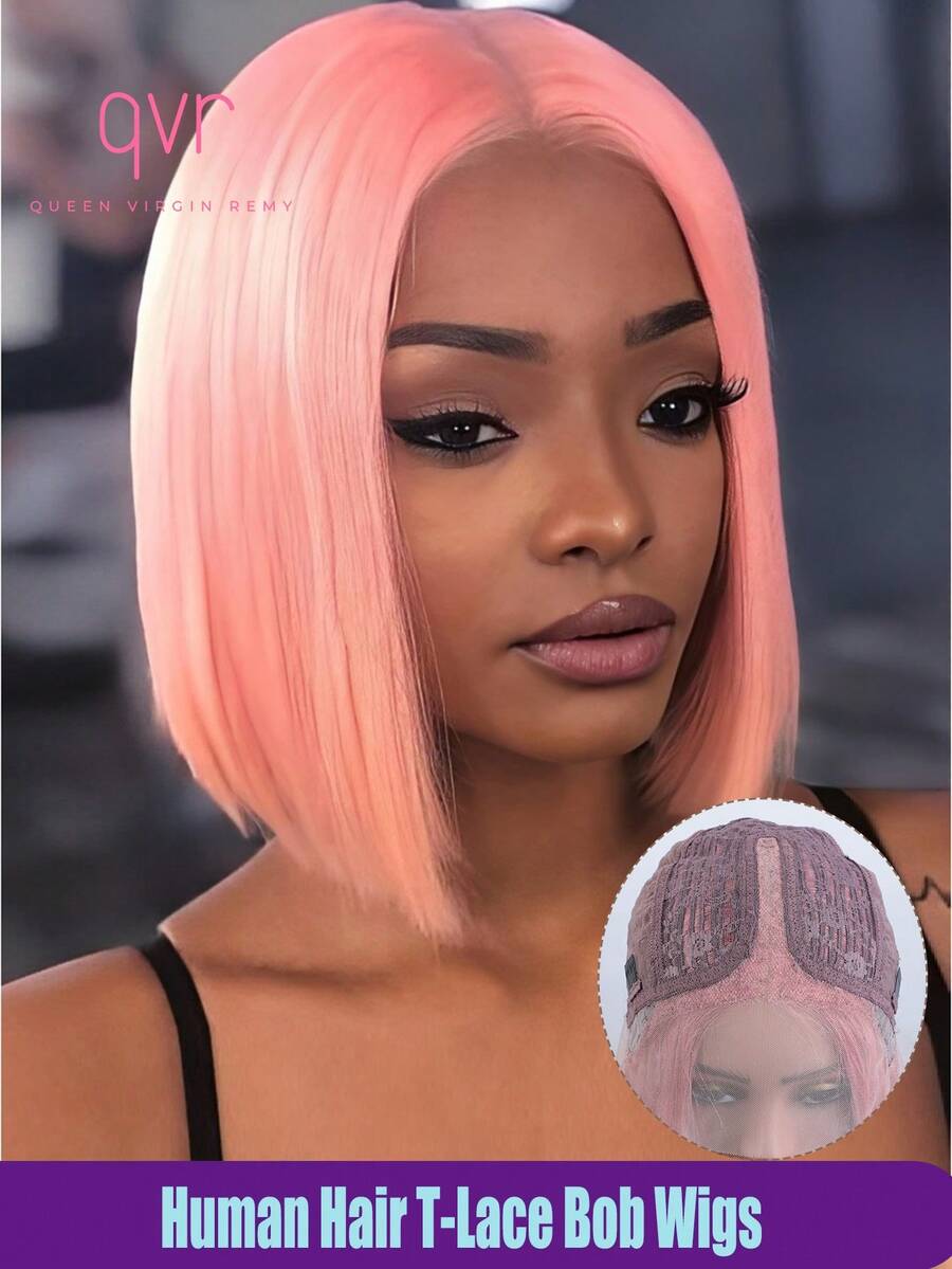 QVR QUEEN VIRGIN REMY Tóc giả bobo ren phía trước kiểu T-part 100% tóc thật, có tóc con, tóc Remy nguyên chất, tóc giả ren rẽ ngôi giữa, đường chân tóc tự nhiên, màu hồng không cần keo dán, dành cho nữ. - Hồng - Xem 1