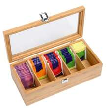 Nordic Style Tea Bar Organizer | 5-Compartment Bamboo Storage Box | Tea Bag & Coffee Capsule Dual-Use + Moisture-Proof Drawer | Home Coffee Corner Organizing Set