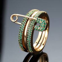 别致戒指多层+别针设计密镶闪亮锆石只需选择您喜欢的颜色搭配日常服装派对配饰 - 金色-綠 - 查看 6