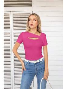 Womens Fashion Fall Cutout Long Sleeve Ribbed Slim Fitted Tops Shirts Tee Tshirts - 短粉紅色 - 查看 6