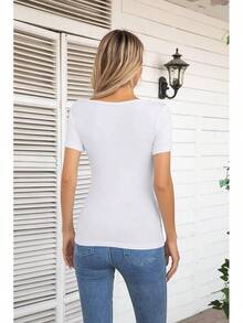 Womens Fashion Fall Cutout Long Sleeve Ribbed Slim Fitted Tops Shirts Tee Tshirts - 短白 - 查看 4