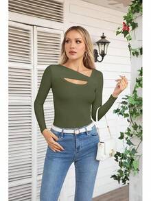 Womens Fashion Fall Cutout Long Sleeve Ribbed Slim Fitted Tops Shirts Tee Tshirts - Xanh dài - Xem 3