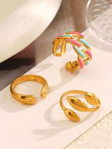 Set Cincin Terbuka Rantai Daun Minimalis Berlapis Emas 18K dari Stainless Steel (3 buah), Cocok untuk Pemakaian Sehari-hari Wanita - MultiWarna - View 6