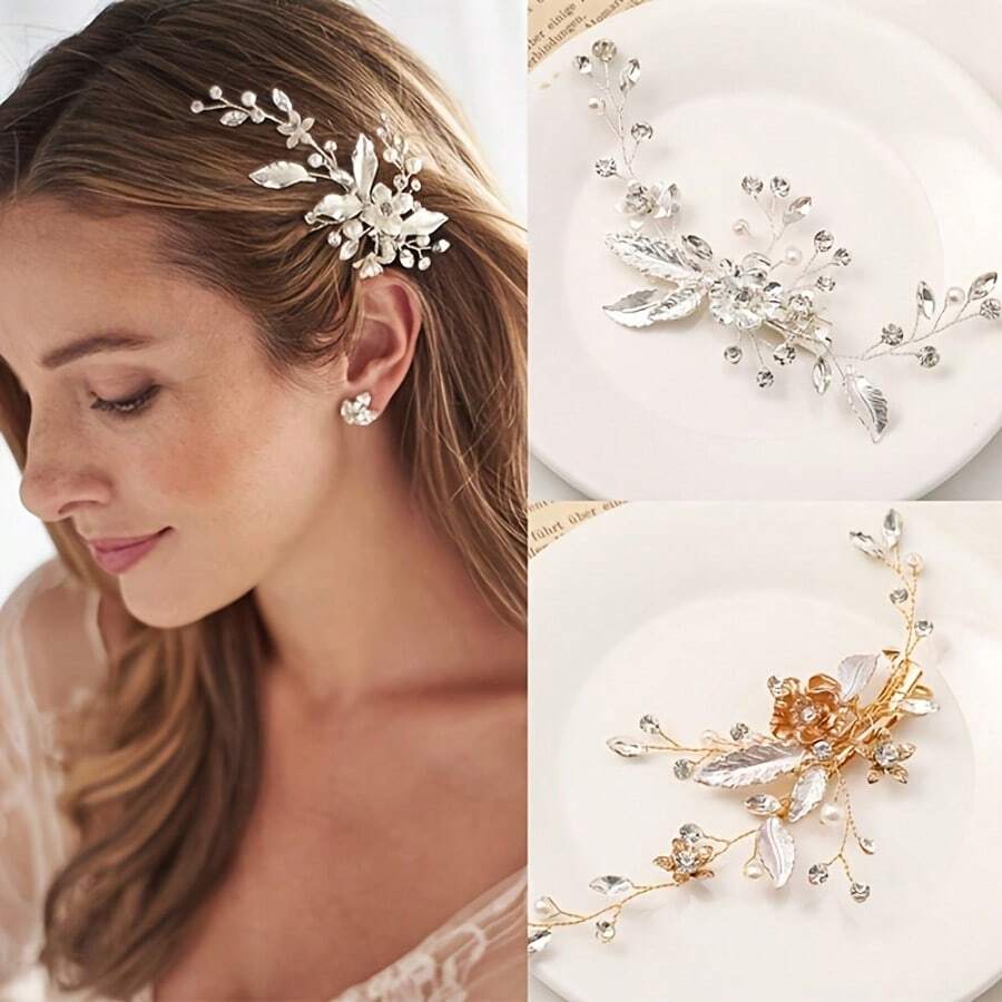 1 pieza Pinza de pelo de vidrio con diseño floral elegante, accesorio de pelo para novia y boda, para todas las temporadas