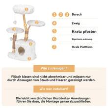 Rascador natural blanco de madera maciza y felpa, árbol para gatos con plataformas, cueva para acurrucarse y pelotas de juego, rascador estable para gatos de 109 cm para interiores.