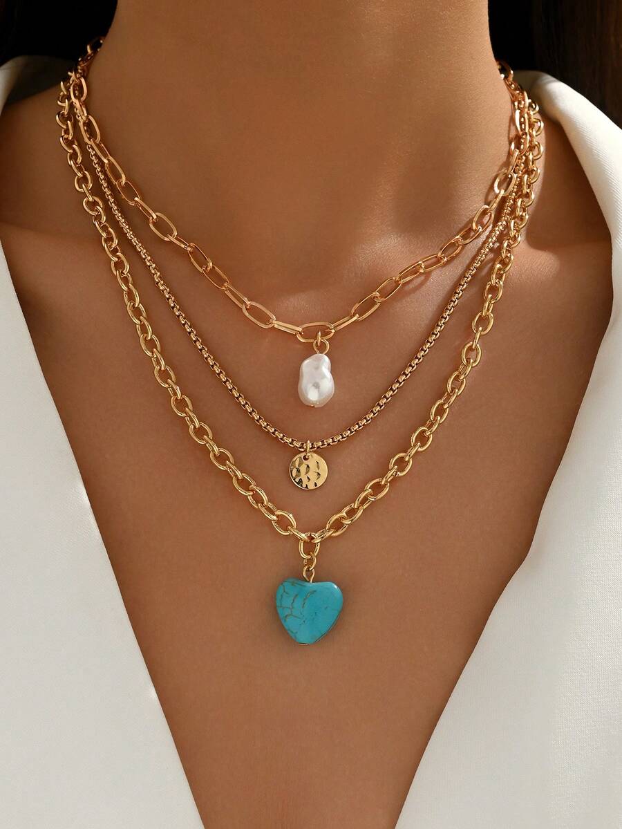 3 件套复古绿松石心形吊坠、巴洛克仿珍珠吊坠和项链套装，手工制作可调节长度，适合女性日常装扮、装饰、节日派对、音乐节 - 綠松石愛心 - 查看 1