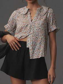 Women Y2k Puff Sleeve Peter Pan Collar Shirt Tops Button Down Boho Floral Print Ruffle Blouse Summer Cotton Babydoll Top - 紅白色 - 查看 2