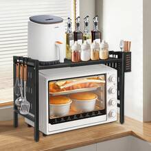 Estante expandible para microondas, soporte para microondas, organizador para encimeras de cocina, estante de acero al carbono para microondas, estante de cocina de pie con 6 ganchos - Negro - Ver 2
