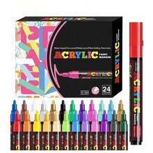 [Vibrant Acrylic Marker Pen Set] 12/18/24 Pcs Vibrant Acrylic Marker Pen Set - Medium (2-3mm) Tip Markers - For Rock Painting, Black Paper, Skateboard Decoration, Wood, Plastic, Canvas, Christmas Greetings - Multicolor - View 13