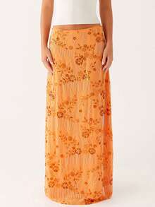 Women Summer Skirt Casual Elegant Sequin Floral Embroidery Long Skirt For Beach Vacation Club Streetwear - 橘色 - 查看 8