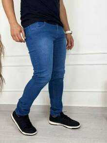 Men's Sport Thin Skinny Twill Pants With Lycra Slim Jeans - 中等水洗藍 - 查看 2