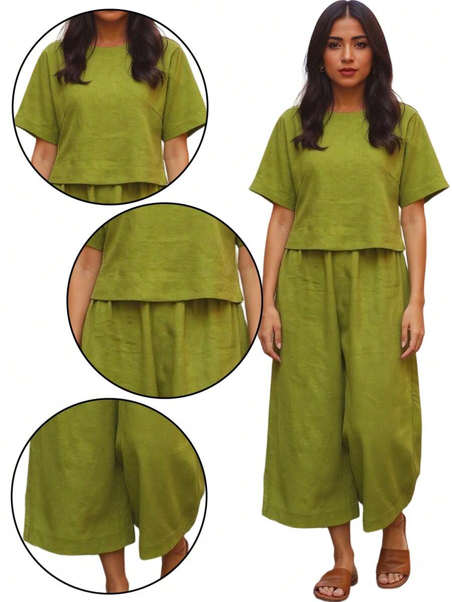 Conjunto de dos piezas para mujer en lino liso, estilo holgado y casual, ideal para estar en casa, para el tiempo libre y para ocasiones cotidianas. - Verde - Ver 1