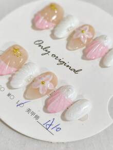 10 件套手工梦幻 3D 贝壳全覆盖按压指甲，杏仁形，适合女士和女孩日常和派对，海滩度假指甲，精美礼品美甲用品