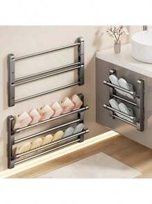 壁挂式拖鞋架 - 铝制，无需钻孔，双层浴室和卫生间鞋子收纳架，带排水功能，节省空间的可折叠设计