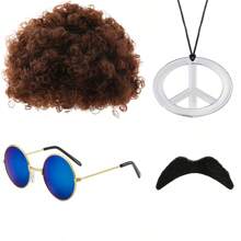 Ensemble de costume disco des années 70/80 pour hommes en 5 pièces - Perruque afro bouclée, lunettes de mode bleues, collier pendentif doré "Disco", chapeau en filet élastique et barbe - Convient pour les fêtes, les jeux de rôle et la décoration d'Halloween