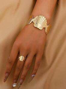 1入海星貝殼金屬手鐲+1入可調節開口戒指海灘度假風格復古時尚禮物套裝女士 - 金黃色 - 查看 9