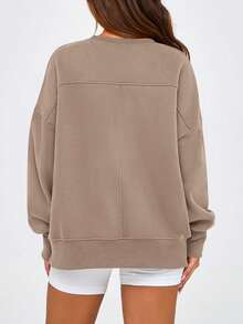 Women's Casual Round Neck Sports Shirt Autumn Winter Long Sleeve Side Slit Solid Color Pullover Hoodie Top - 淺咖色 - 查看 2