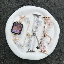 1 条适用于 38 毫米 40 毫米 42 毫米 44 毫米 41 毫米 45 毫米 46 毫米 49 毫米 Ultra Watch Series 10 9 8 7 6 5 4 3 2 的玫瑰金不对称仿珍珠蝴蝶手链腕带，适用于女式 表带