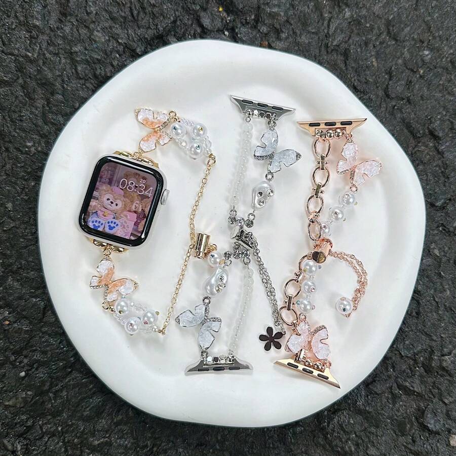 1 条适用于 38 毫米 40 毫米 42 毫米 44 毫米 41 毫米 45 毫米 46 毫米 49 毫米 Ultra Watch Series 10 9 8 7 6 5 4 3 2 的玫瑰金不对称仿珍珠蝴蝶手链腕带，适用于女式 表带